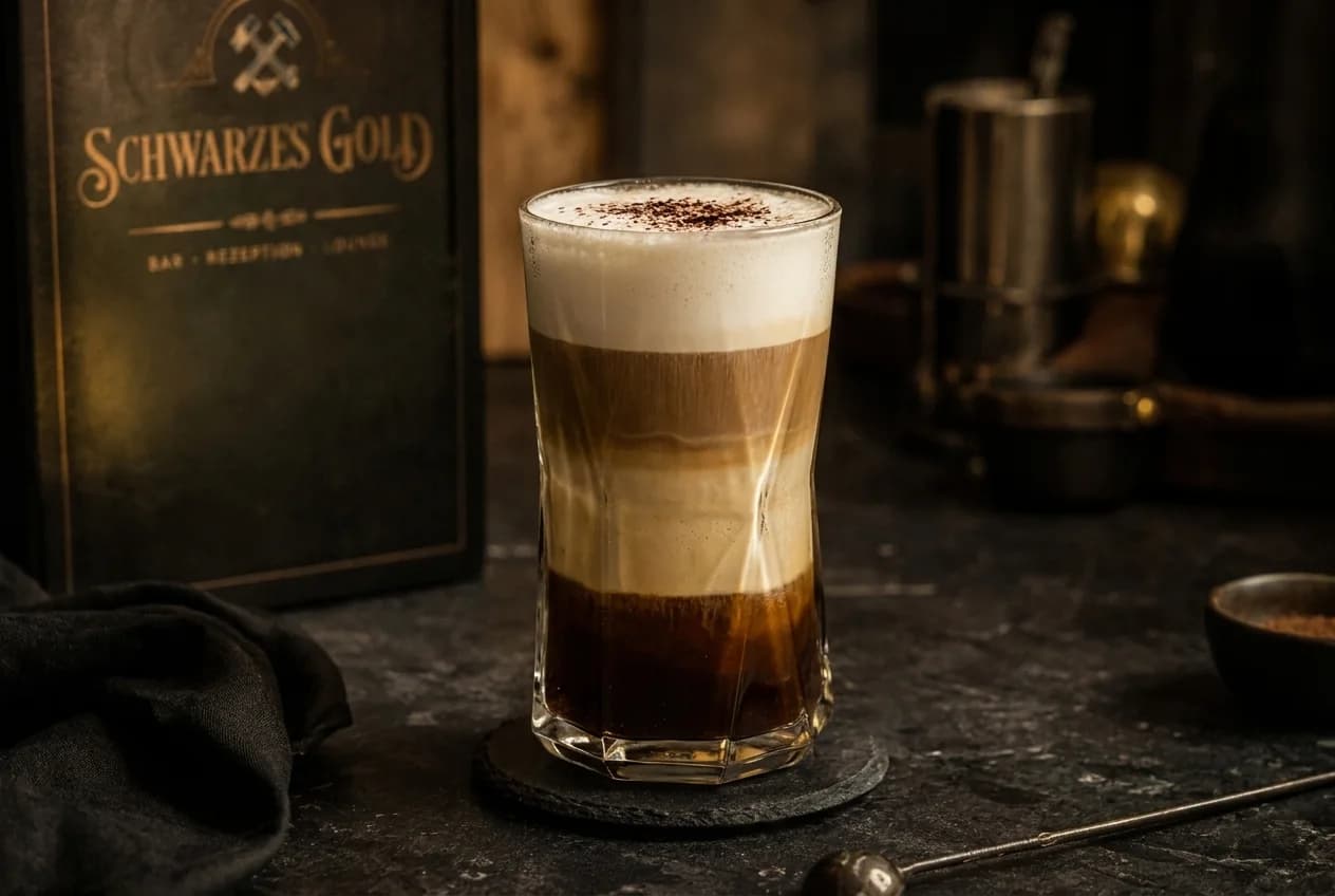 Schwarzes Gold im Glas auf dem Tresen des Schichtbetriebs